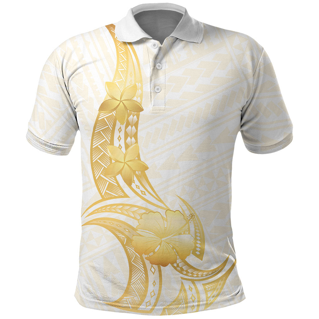 Polynesia White Sunday Polo Shirt Polynesian Tattoo Plumeria Hibiscus Gold LT14 White - Polynesian Pride