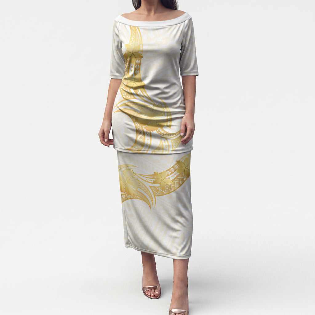 Polynesia White Sunday Puletasi Polynesian Tattoo Plumeria Hibiscus Gold LT14 Long Dress White - Polynesian Pride