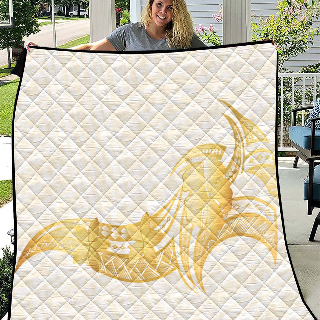 Polynesia White Sunday Quilt Polynesian Tattoo Plumeria Hibiscus Gold