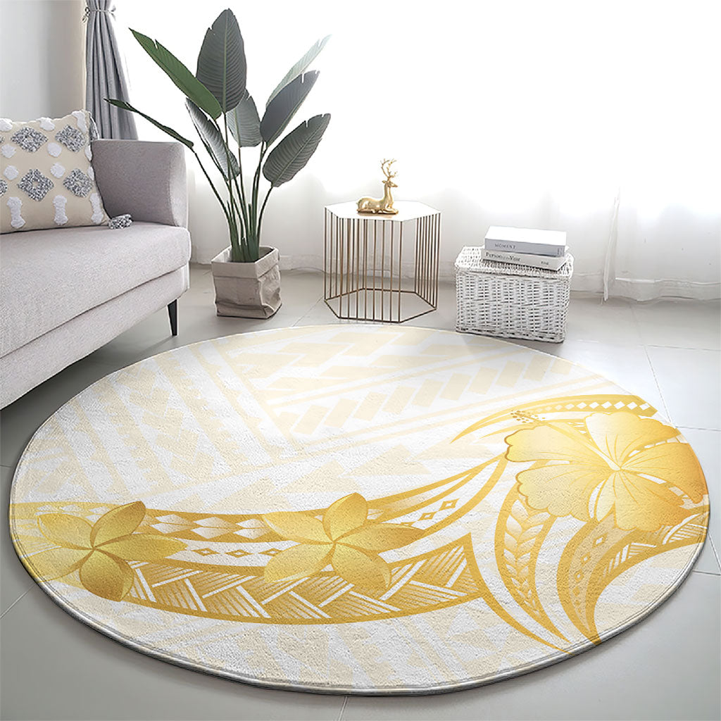 Polynesia White Sunday Round Carpet Polynesian Tattoo Plumeria Hibiscus Gold