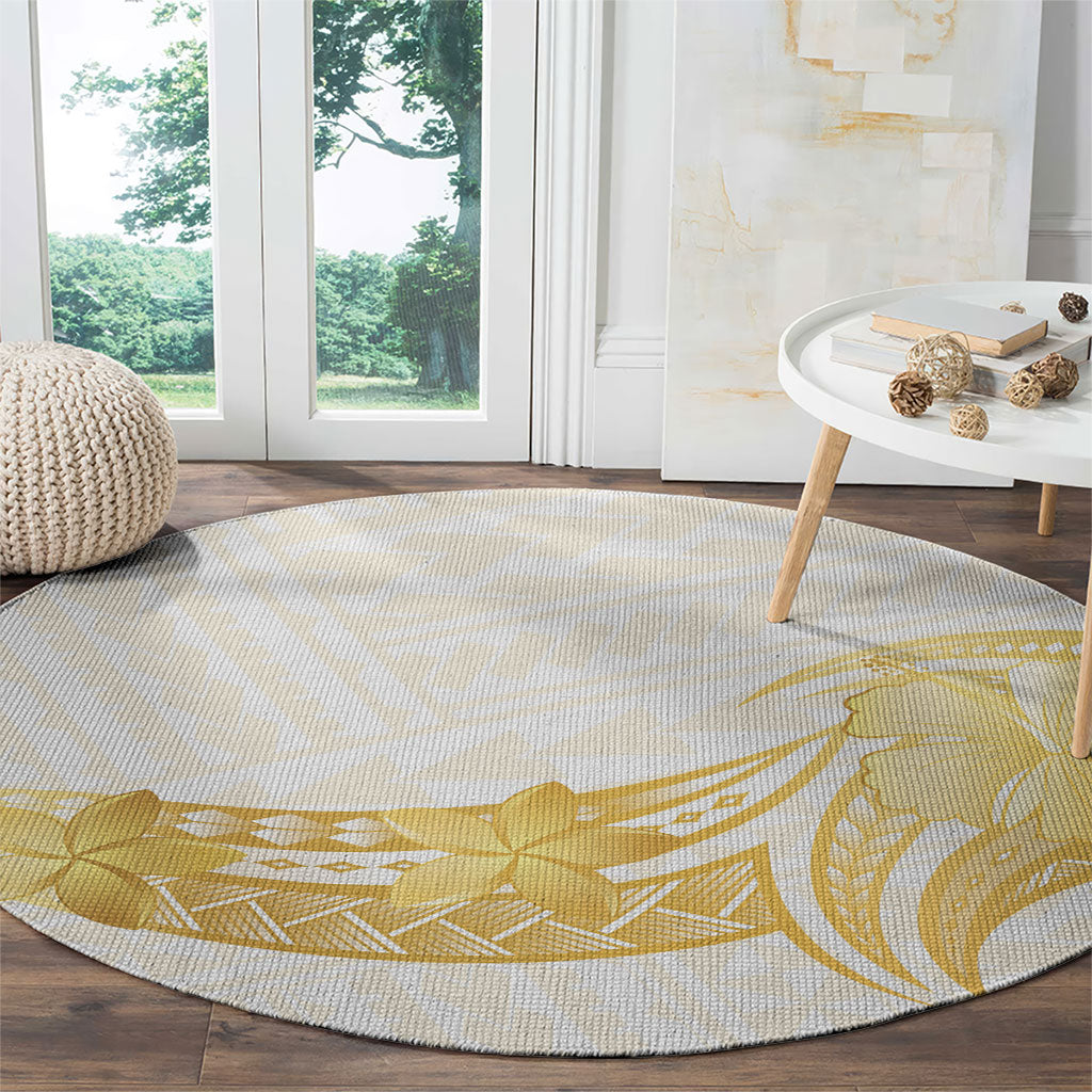 Polynesia White Sunday Round Carpet Polynesian Tattoo Plumeria Hibiscus Gold
