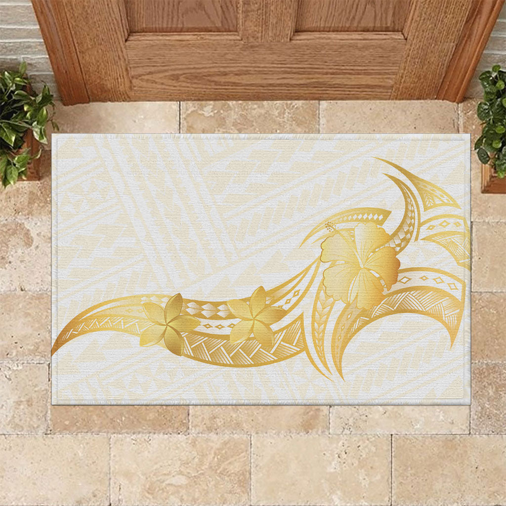 Polynesia White Sunday Rubber Doormat Polynesian Tattoo Plumeria Hibiscus Gold