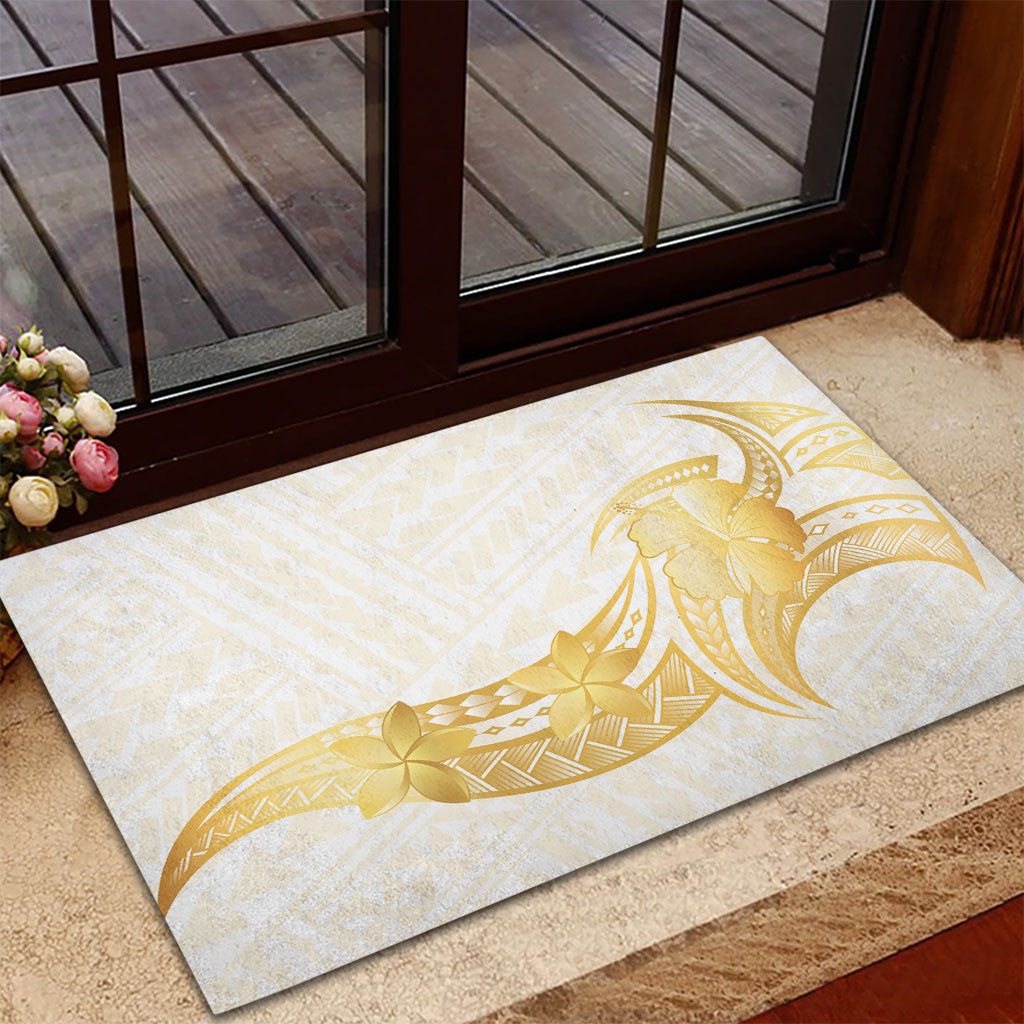 Polynesia White Sunday Rubber Doormat Polynesian Tattoo Plumeria Hibiscus Gold