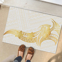 Polynesia White Sunday Rubber Doormat Polynesian Tattoo Plumeria Hibiscus Gold