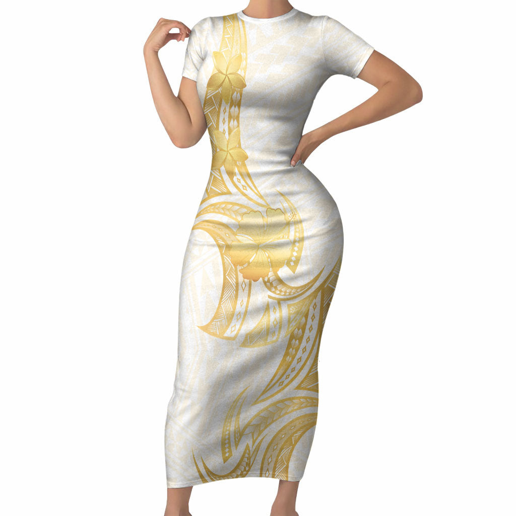 Polynesia White Sunday Short Sleeve Bodycon Dress Polynesian Tattoo Plumeria Hibiscus Gold LT14 Long Dress White - Polynesian Pride