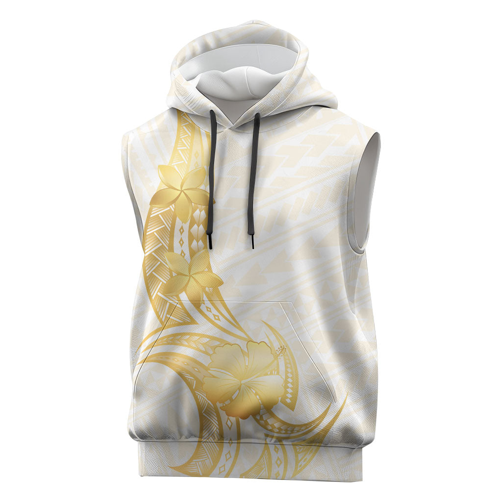 Polynesia White Sunday Sleeveless Hoodie Polynesian Tattoo Plumeria Hibiscus Gold