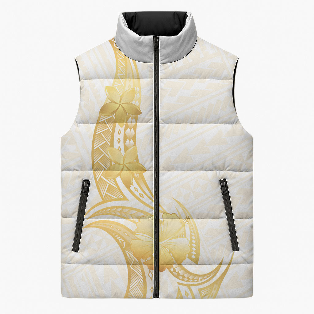 Polynesia White Sunday Sleeveless Puffer Jacket Polynesian Tattoo Plumeria Hibiscus Gold