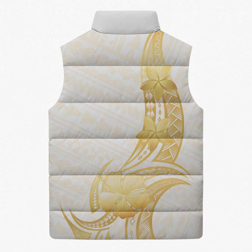 Polynesia White Sunday Sleeveless Puffer Jacket Polynesian Tattoo Plumeria Hibiscus Gold