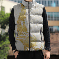 Polynesia White Sunday Sleeveless Puffer Jacket Polynesian Tattoo Plumeria Hibiscus Gold