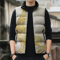 Polynesia White Sunday Sleeveless Puffer Jacket Polynesian Tattoo Plumeria Hibiscus Gold
