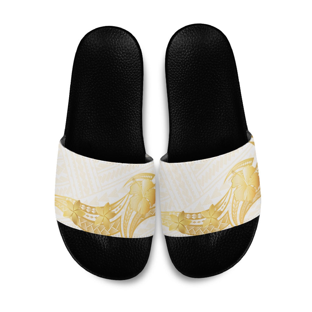 Polynesia White Sunday Slide Sandals Polynesian Tattoo Plumeria Hibiscus Gold