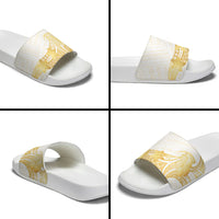 Polynesia White Sunday Slide Sandals Polynesian Tattoo Plumeria Hibiscus Gold
