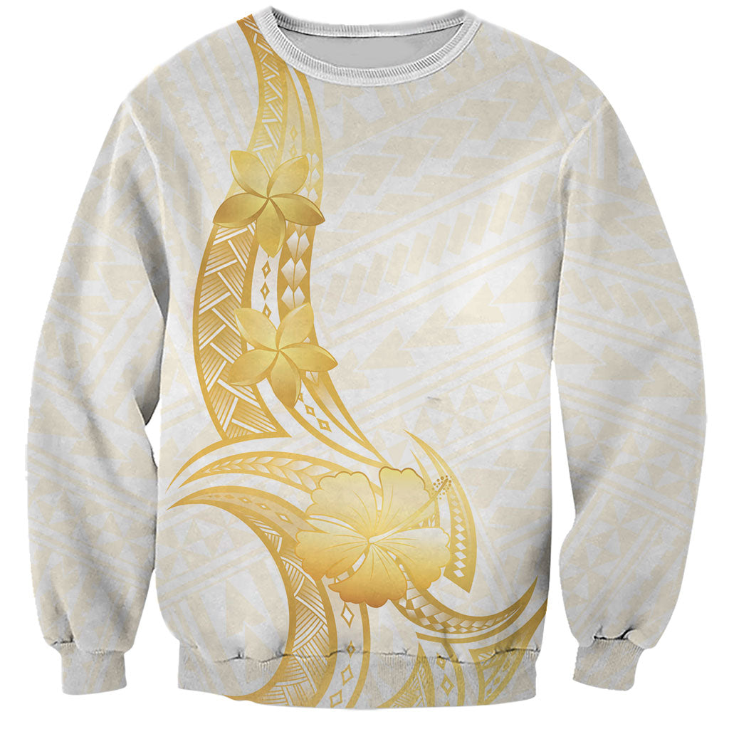 Polynesia White Sunday Sweatshirt Polynesian Tattoo Plumeria Hibiscus Gold