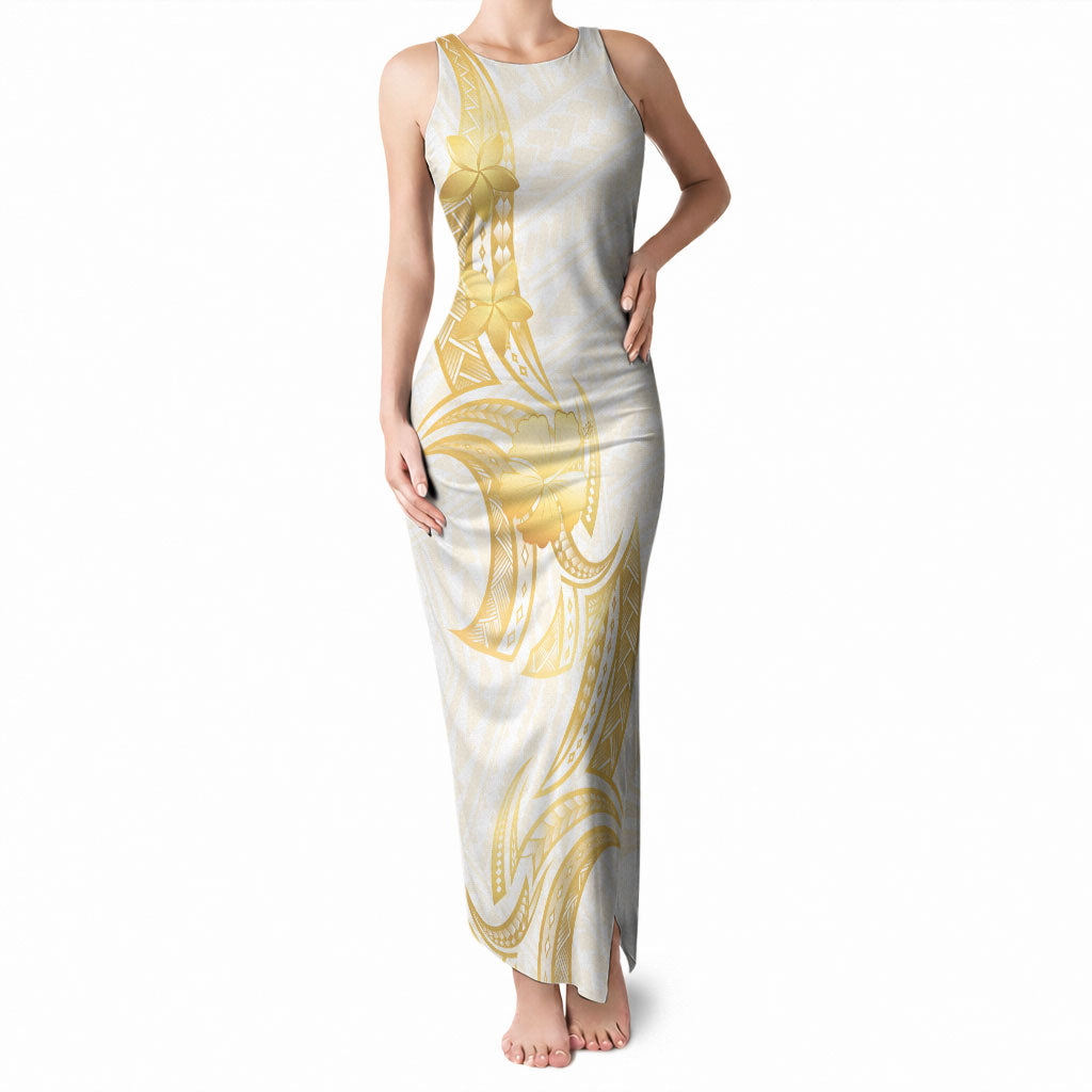 Polynesia White Sunday Tank Maxi Dress Polynesian Tattoo Plumeria Hibiscus Gold