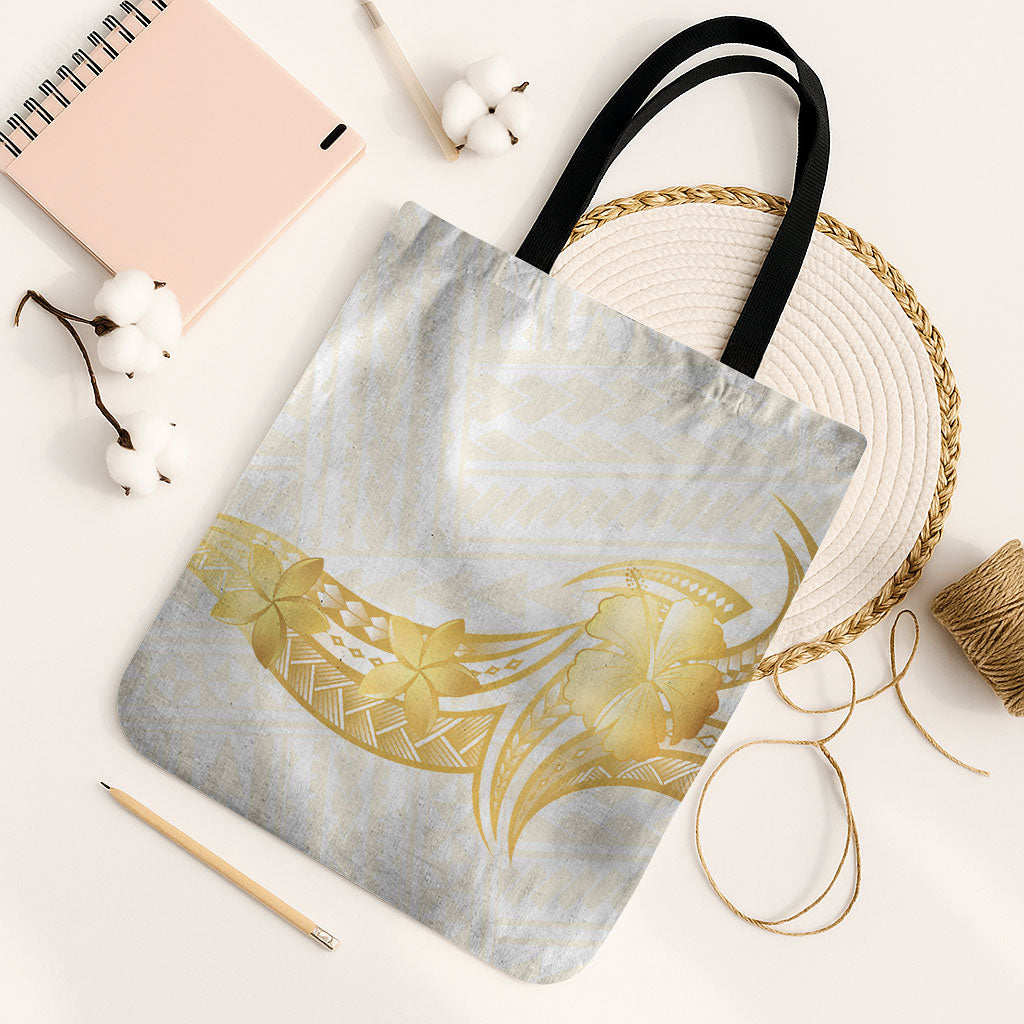 Polynesia White Sunday Tote Bag Polynesian Tattoo Plumeria Hibiscus Gold