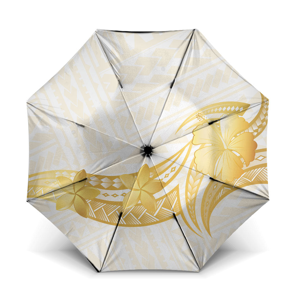 Polynesia White Sunday Umbrella Polynesian Tattoo Plumeria Hibiscus Gold LT14 One Size Folded 11.42 inch Opened Diameter 37.4 inch White - Polynesian Pride