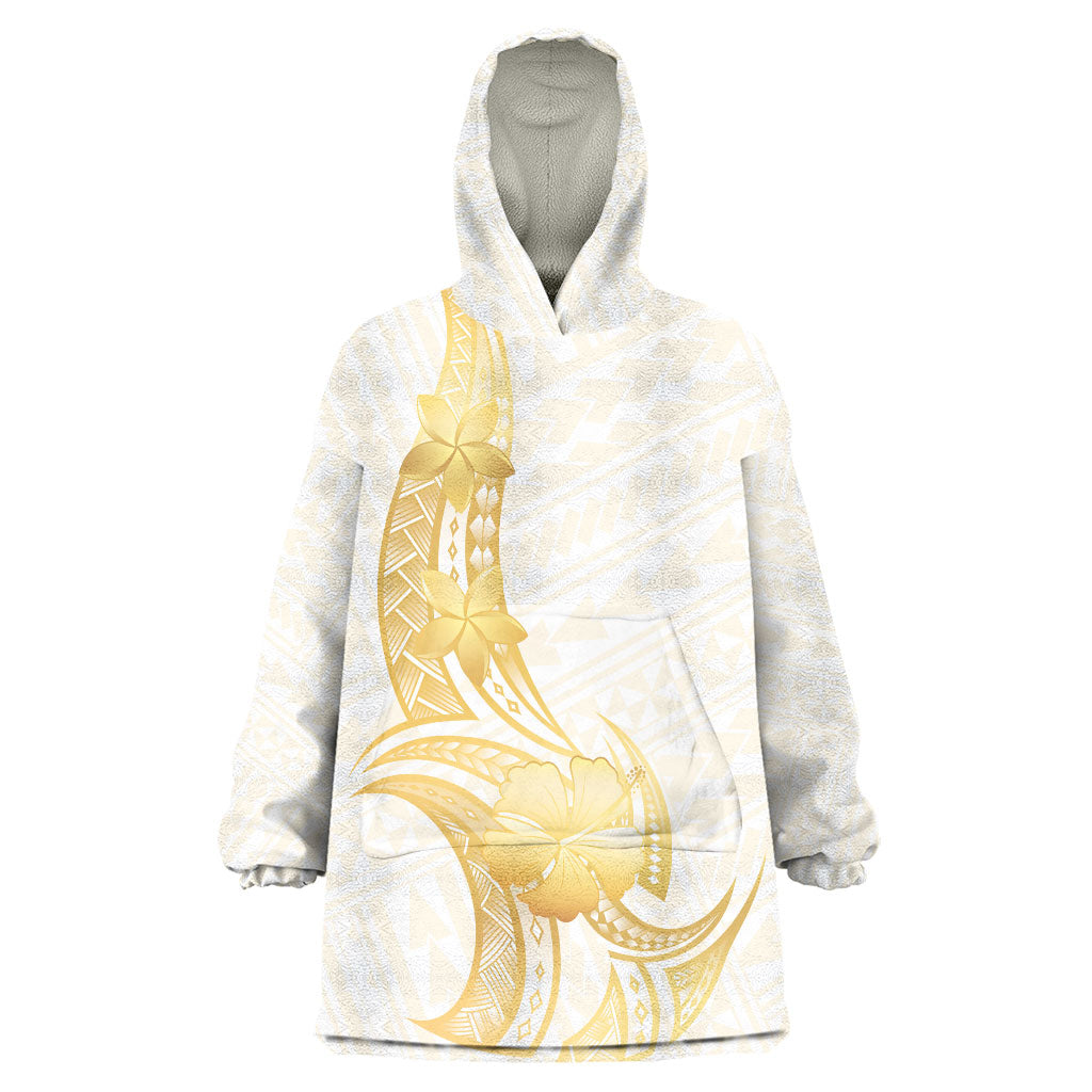 Polynesia White Sunday Wearable Blanket Hoodie Polynesian Tattoo Plumeria Hibiscus Gold LT14 One Size White - Polynesian Pride
