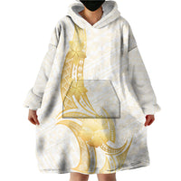 Polynesia White Sunday Wearable Blanket Hoodie Polynesian Tattoo Plumeria Hibiscus Gold