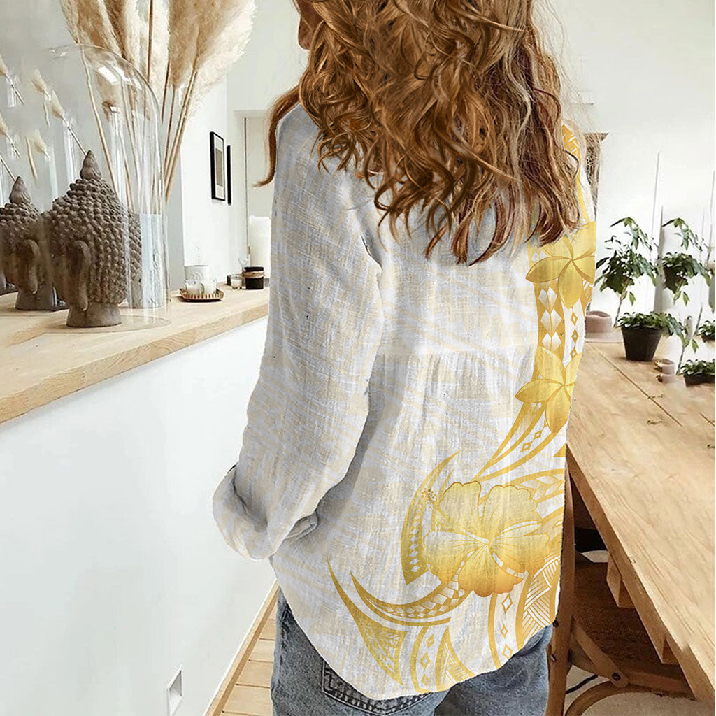 Polynesia White Sunday Women Casual Shirt Polynesian Tattoo Plumeria Hibiscus Gold