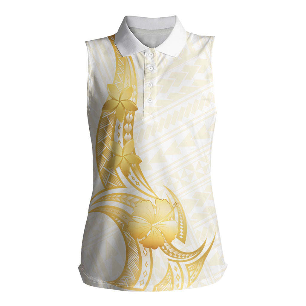 Polynesia White Sunday Women Sleeveless Polo Shirt Polynesian Tattoo Plumeria Hibiscus Gold LT14 Female White - Polynesian Pride