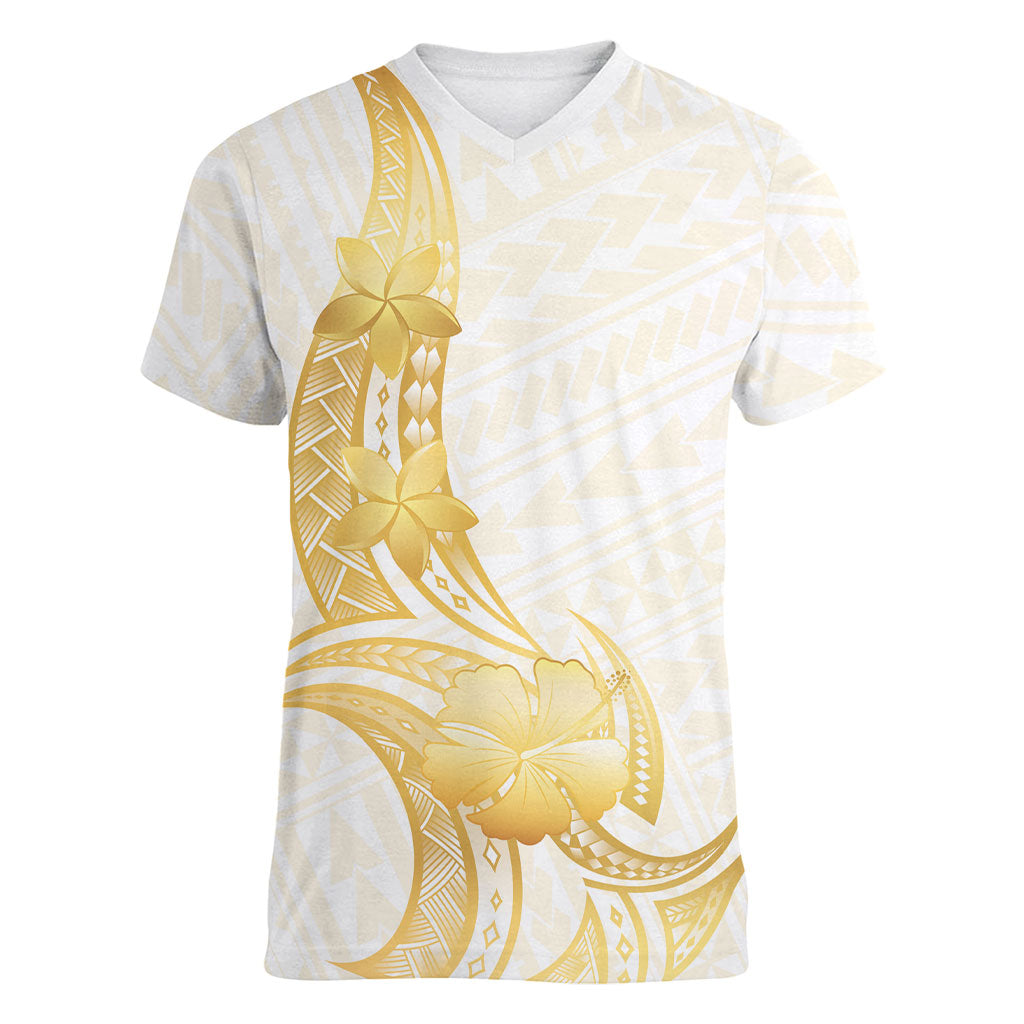 Polynesia White Sunday Women V-Neck T-Shirt Polynesian Tattoo Plumeria Hibiscus Gold LT14 Female White - Polynesian Pride