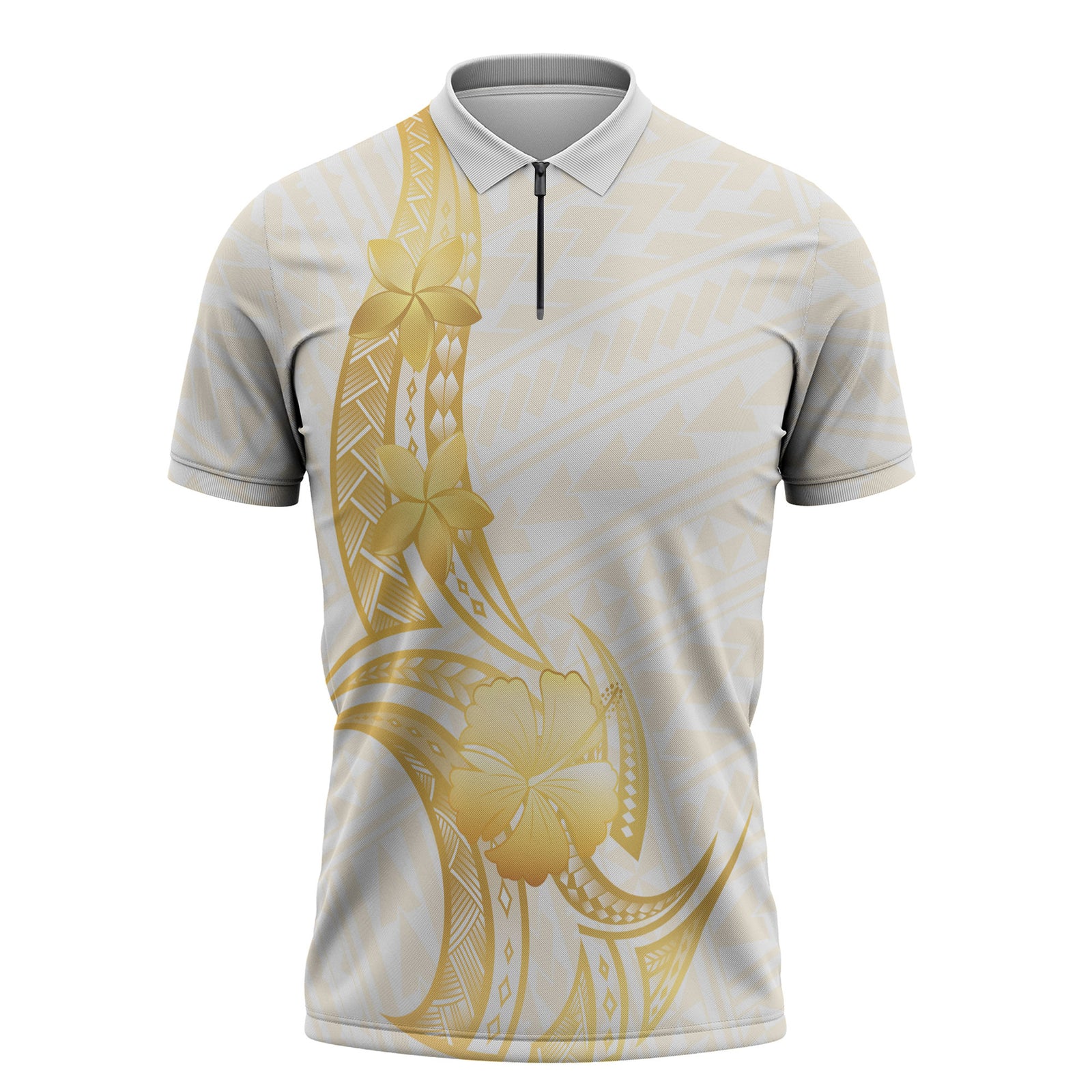 Polynesia White Sunday Zipper Polo Shirt Polynesian Tattoo Plumeria Hibiscus Gold