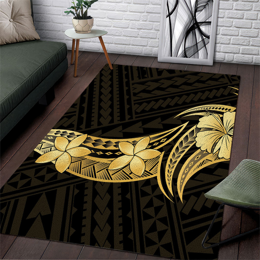 Gold Black Polynesia Hibiscus Plumeria Tattoo Area Rug LT14 Black - Polynesian Pride