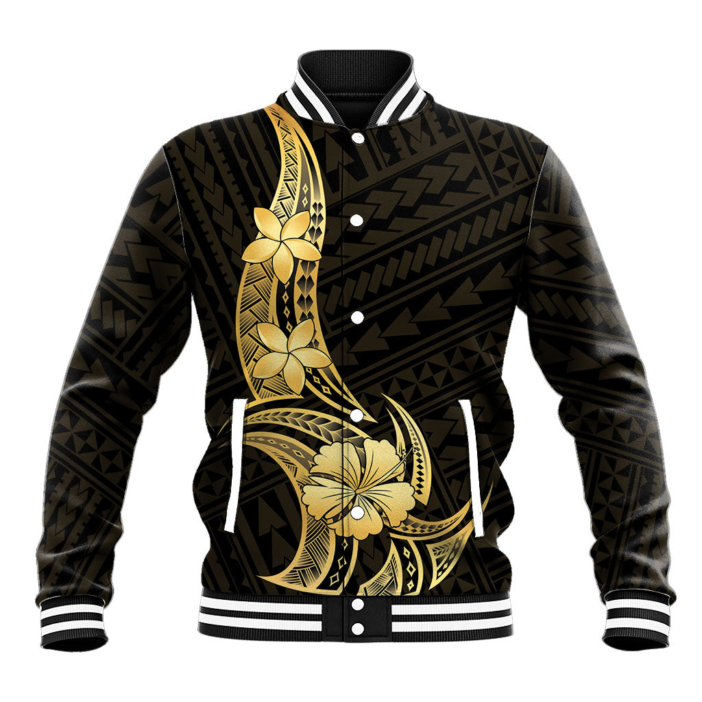 Gold Black Polynesia Hibiscus Plumeria Tattoo Baseball Jacket LT14 Unisex Black - Polynesian Pride
