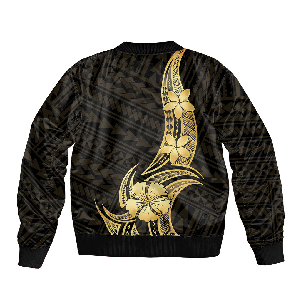 Gold Black Polynesia Hibiscus Plumeria Tattoo Bomber Jacket