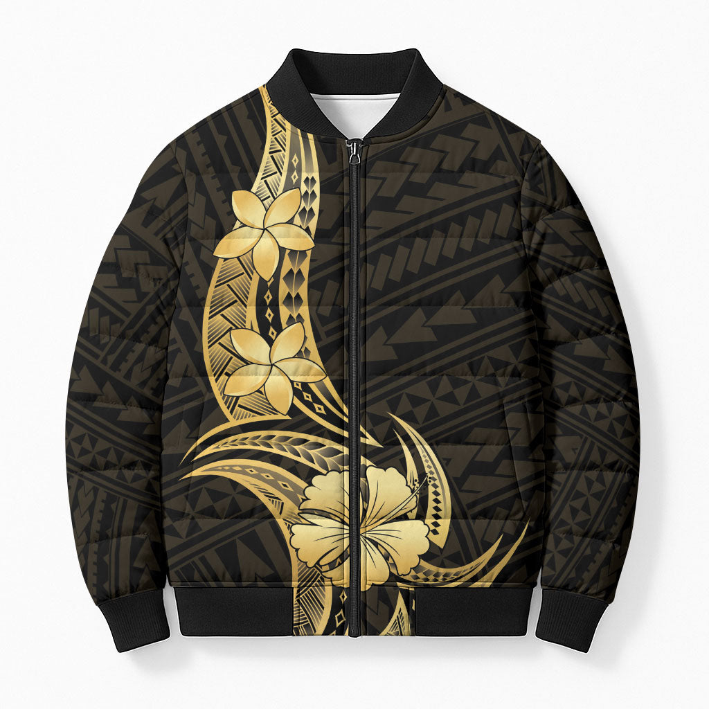 Gold Black Polynesia Hibiscus Plumeria Tattoo Bomber Puffer Jacket LT14 Unisex Black - Polynesian Pride