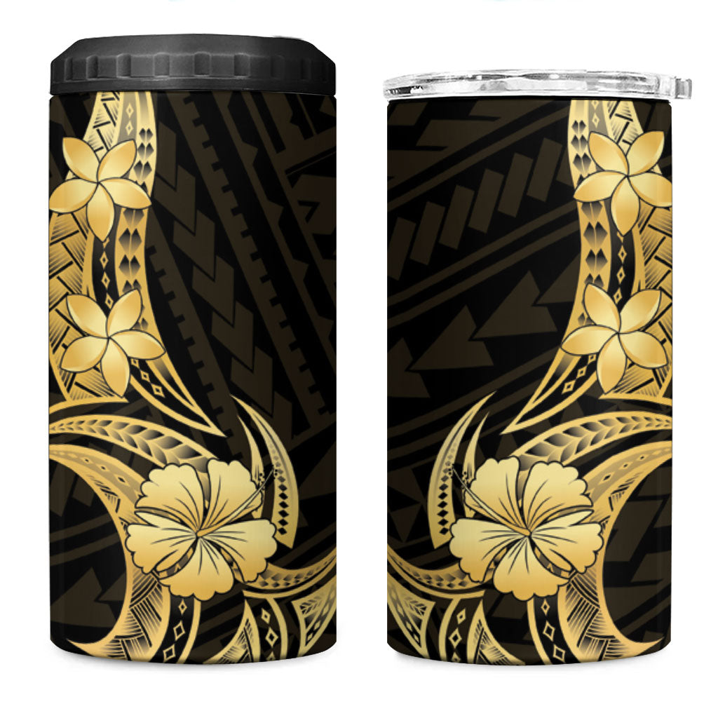 Gold Black Polynesia Hibiscus Plumeria Tattoo 4 in 1 Can Cooler Tumbler