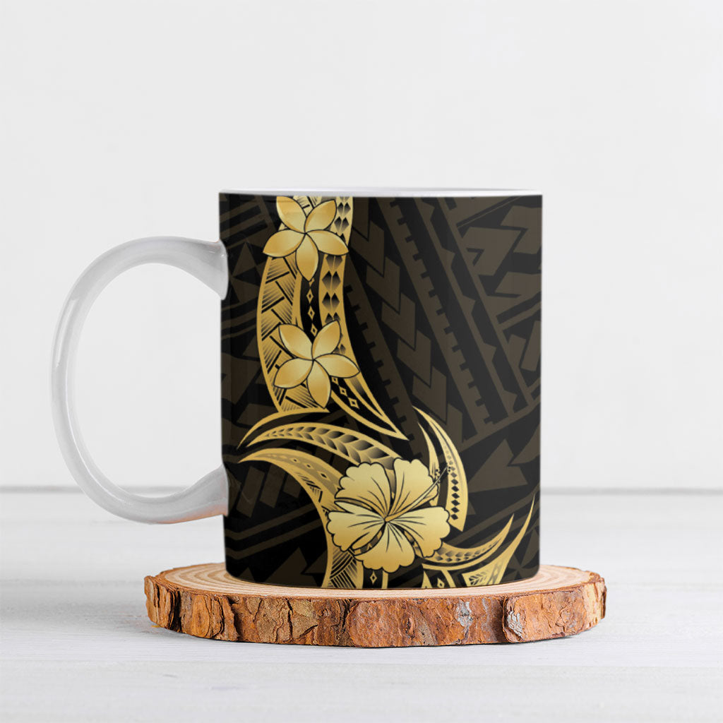 Gold Black Polynesia Hibiscus Plumeria Tattoo Ceramic Mug LT14 Black - Polynesian Pride