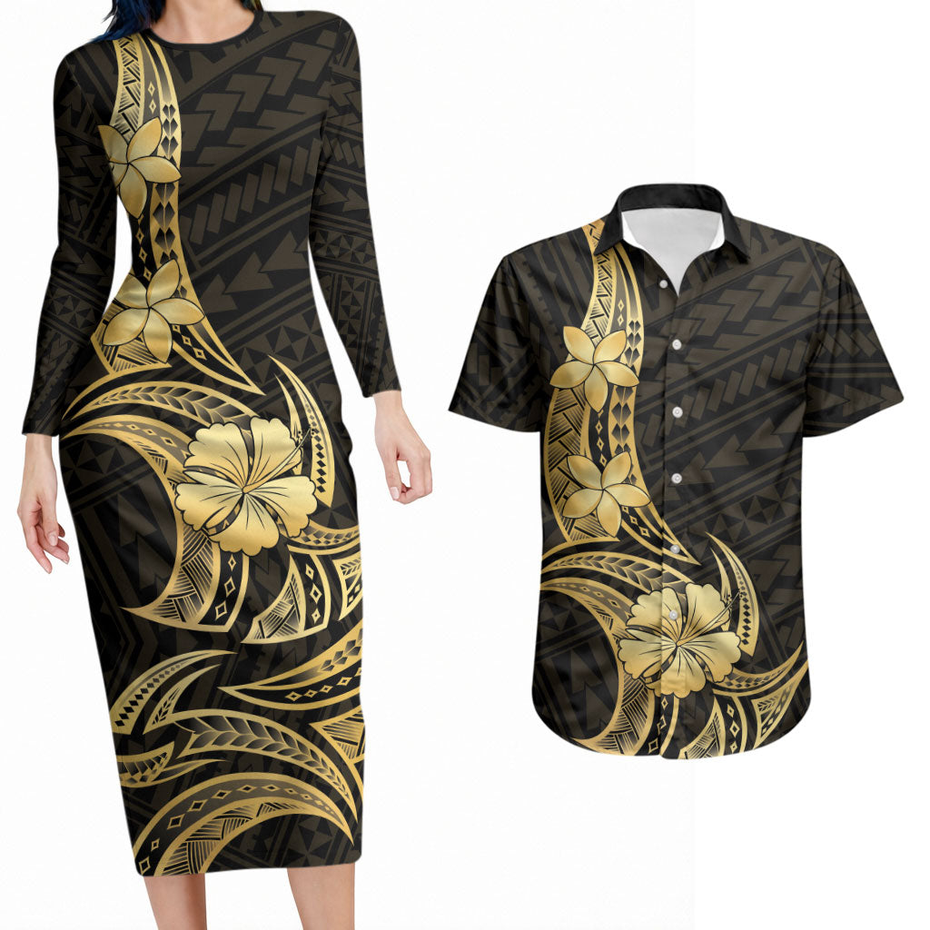 Gold Black Polynesia Hibiscus Plumeria Tattoo Couples Matching Long Sleeve Bodycon Dress and Hawaiian Shirt