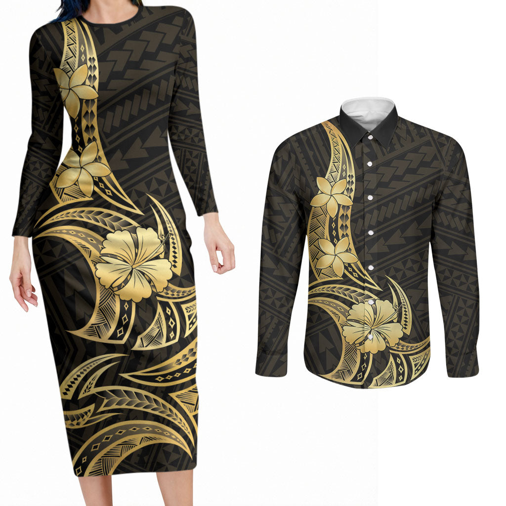 Gold Black Polynesia Hibiscus Plumeria Tattoo Couples Matching Long Sleeve Bodycon Dress and Long Sleeve Button Shirt
