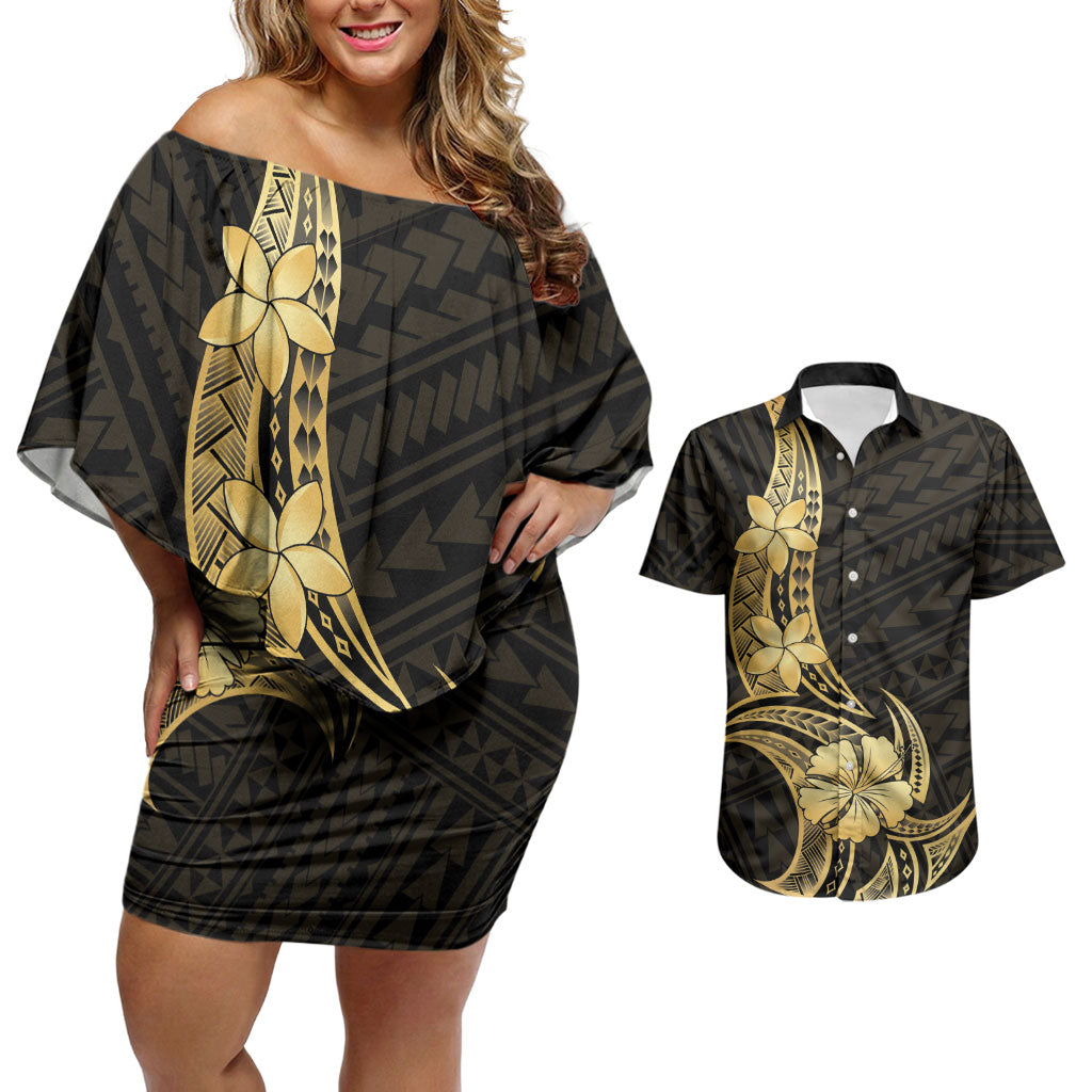 Gold Black Polynesia Hibiscus Plumeria Tattoo Couples Matching Off Shoulder Short Dress and Hawaiian Shirt