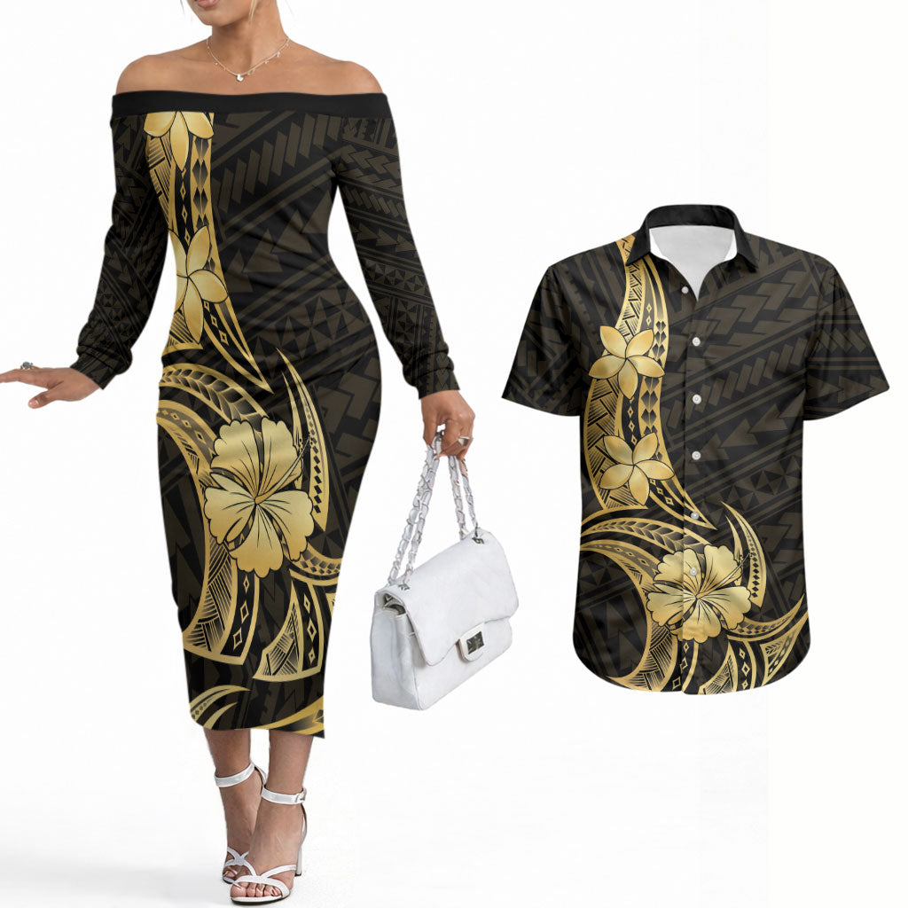 Gold Black Polynesia Hibiscus Plumeria Tattoo Couples Matching Off The Shoulder Long Sleeve Dress and Hawaiian Shirt