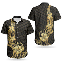 Gold Black Polynesia Hibiscus Plumeria Tattoo Couples Matching Off The Shoulder Long Sleeve Dress and Hawaiian Shirt