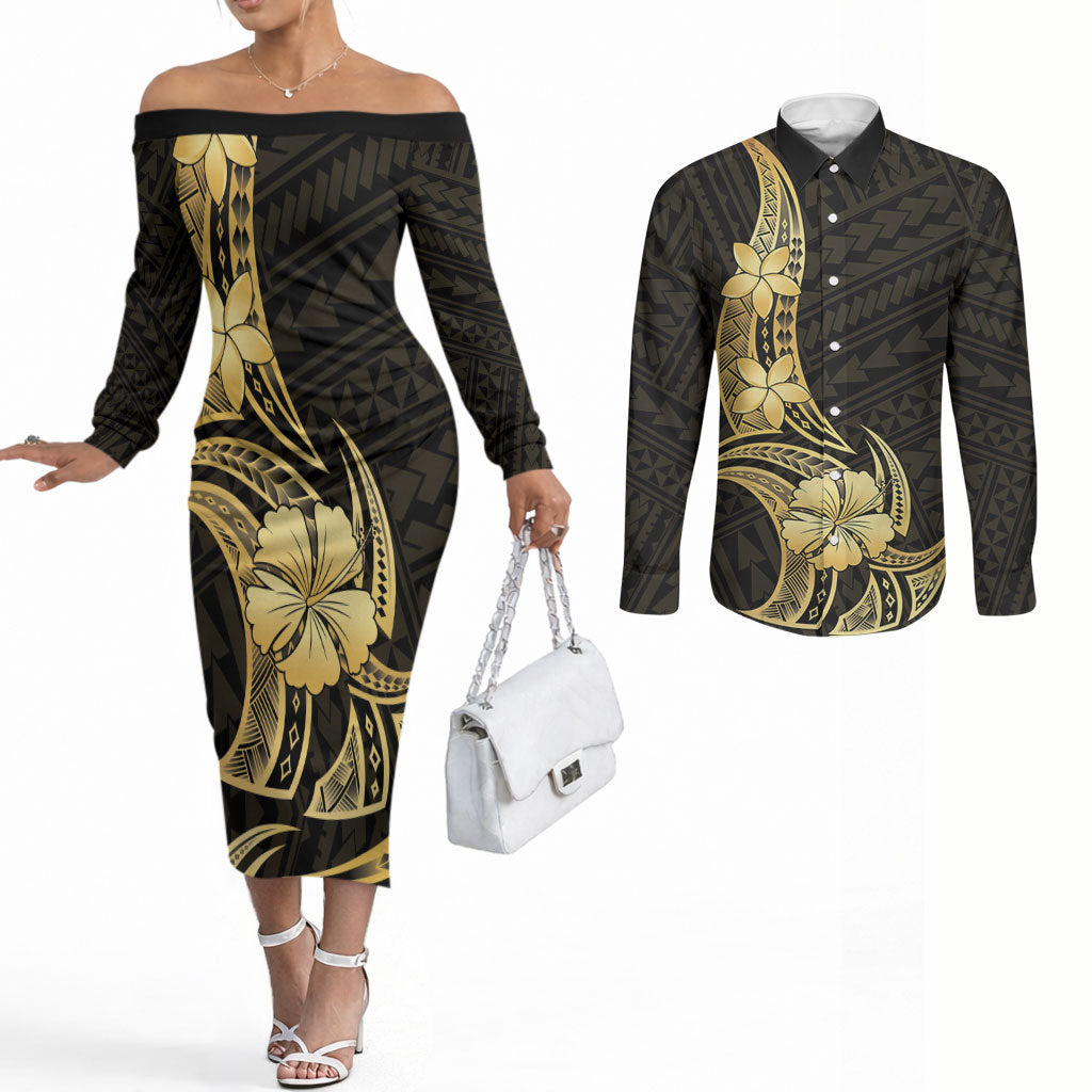 Gold Black Polynesia Hibiscus Plumeria Tattoo Couples Matching Off The Shoulder Long Sleeve Dress and Long Sleeve Button Shirt