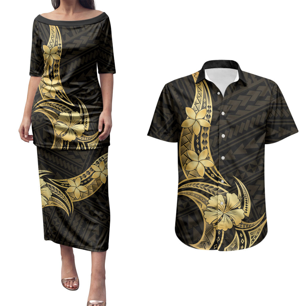 Gold Black Polynesia Hibiscus Plumeria Tattoo Couples Matching Puletasi and Hawaiian Shirt