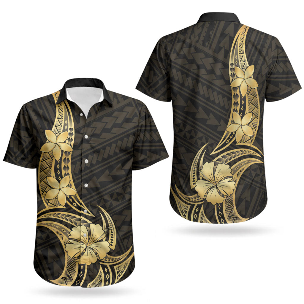 Gold Black Polynesia Hibiscus Plumeria Tattoo Couples Matching Puletasi and Hawaiian Shirt