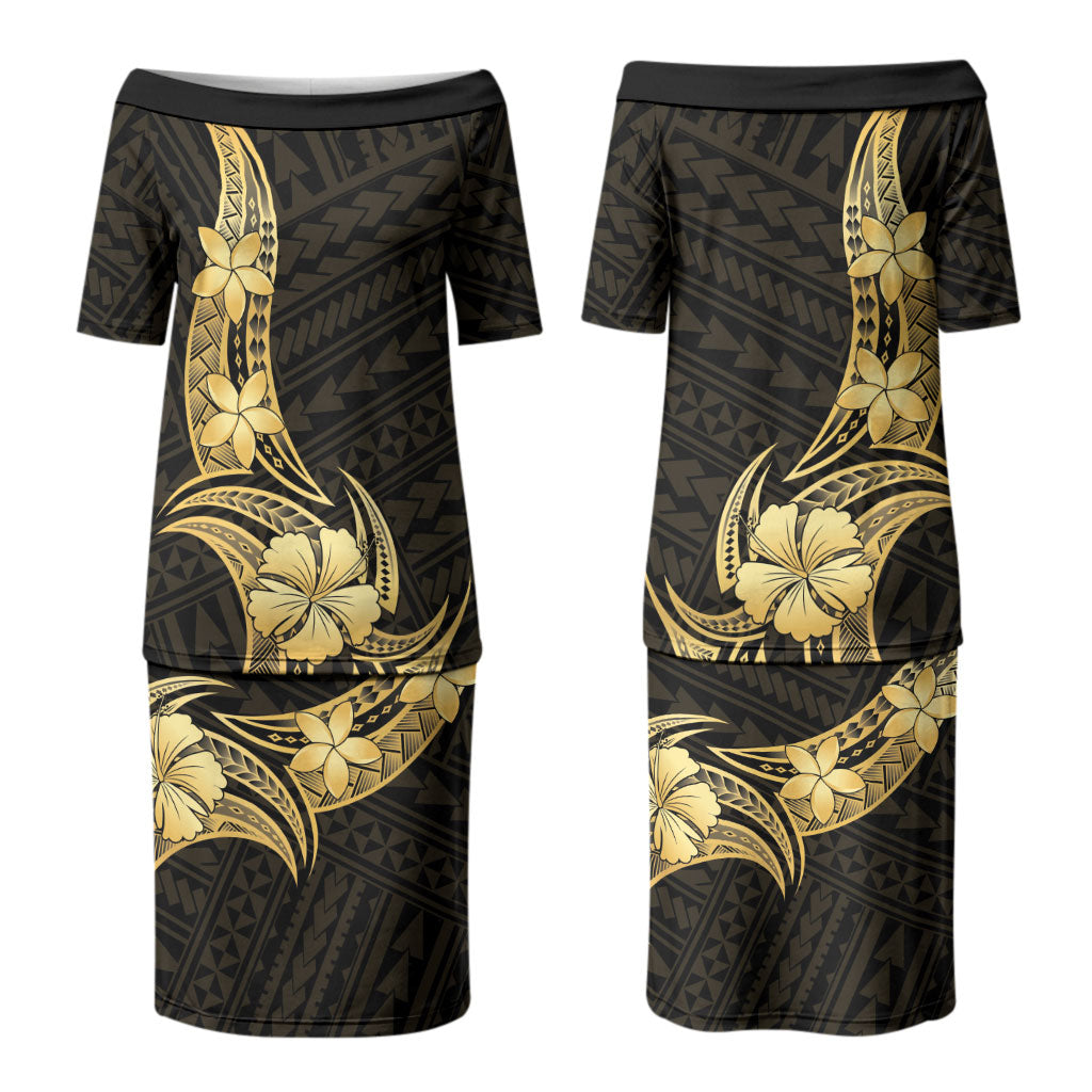 Gold Black Polynesia Hibiscus Plumeria Tattoo Couples Matching Puletasi and Hawaiian Shirt