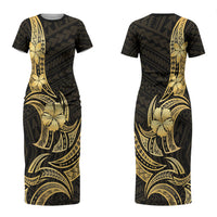 Gold Black Polynesia Hibiscus Plumeria Tattoo Couples Matching Short Sleeve Bodycon Dress and Hawaiian Shirt
