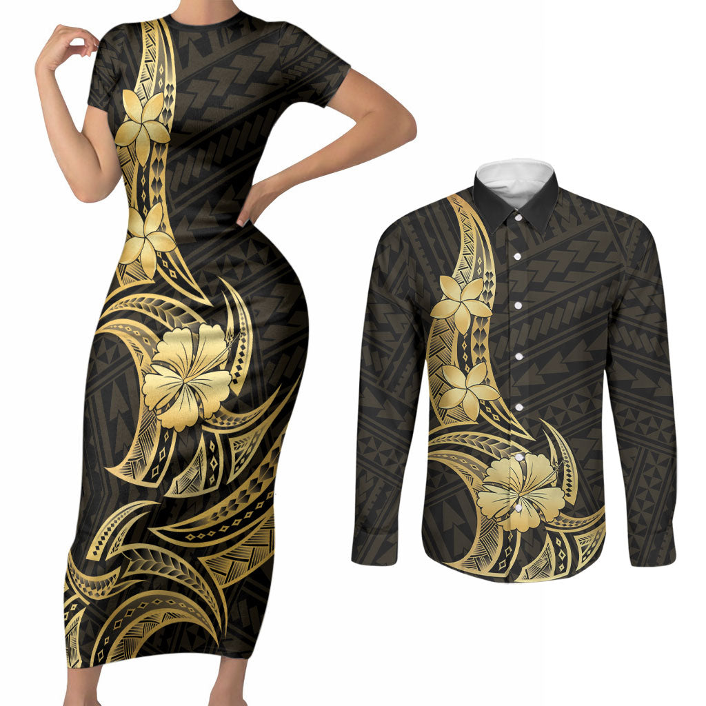 Gold Black Polynesia Hibiscus Plumeria Tattoo Couples Matching Short Sleeve Bodycon Dress and Long Sleeve Button Shirt