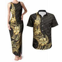 Gold Black Polynesia Hibiscus Plumeria Tattoo Couples Matching Tank Maxi Dress and Hawaiian Shirt