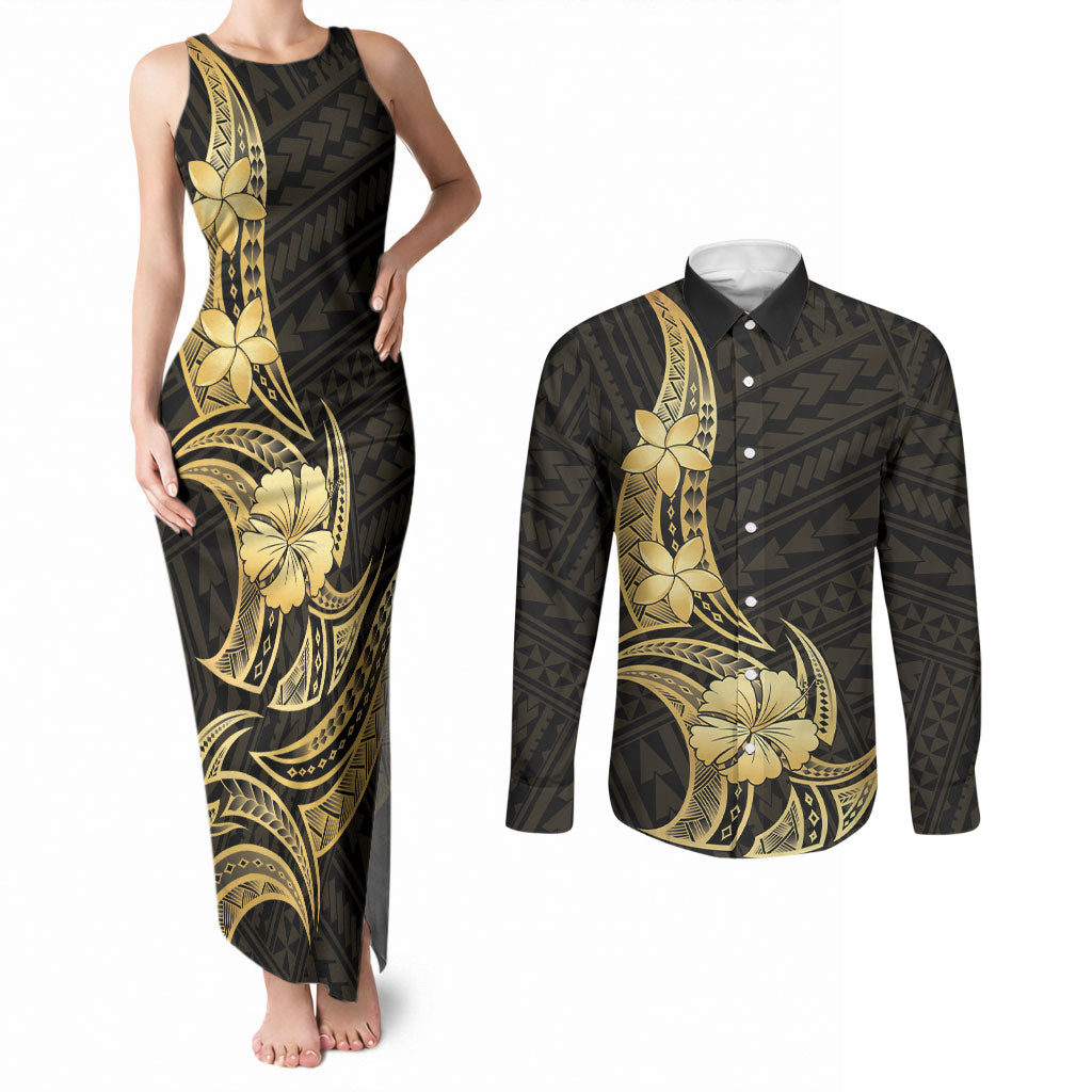 Gold Black Polynesia Hibiscus Plumeria Tattoo Couples Matching Tank Maxi Dress and Long Sleeve Button Shirt