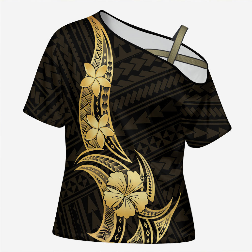 Gold Black Polynesia Hibiscus Plumeria Tattoo Cross Shoulder Shirt LT14 Female Black - Polynesian Pride