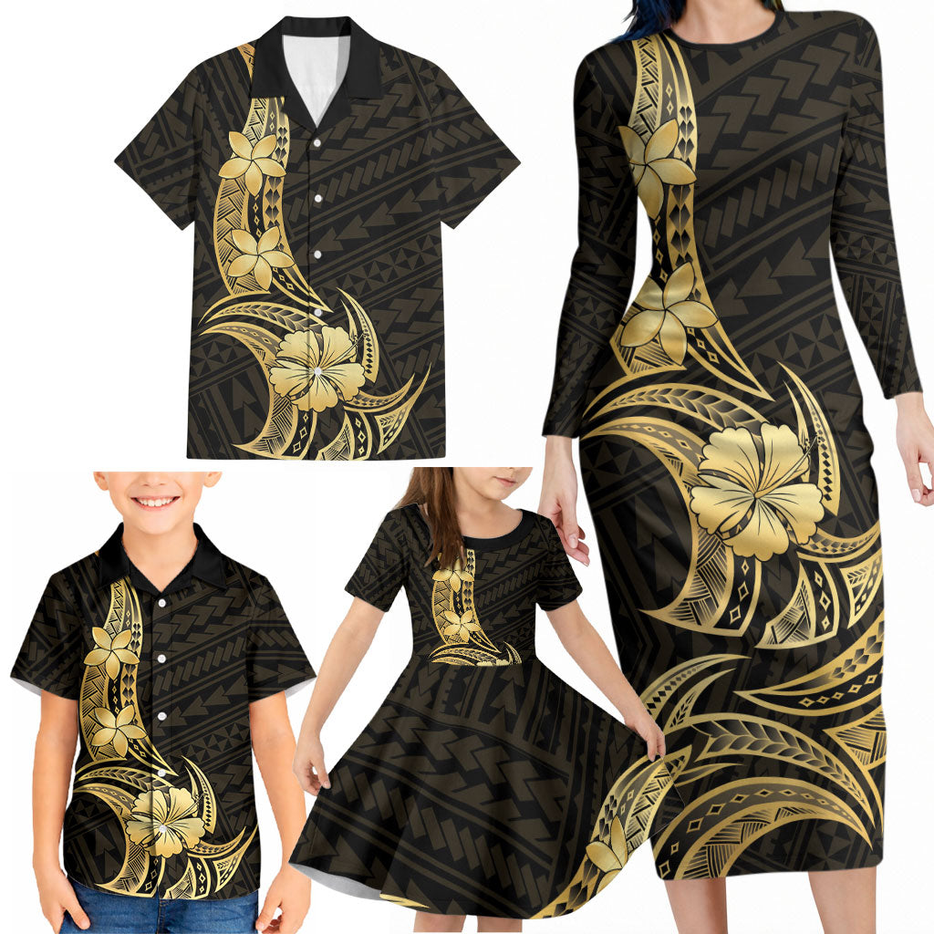 Gold Black Polynesia Hibiscus Plumeria Tattoo Family Matching Long Sleeve Bodycon Dress and Hawaiian Shirt