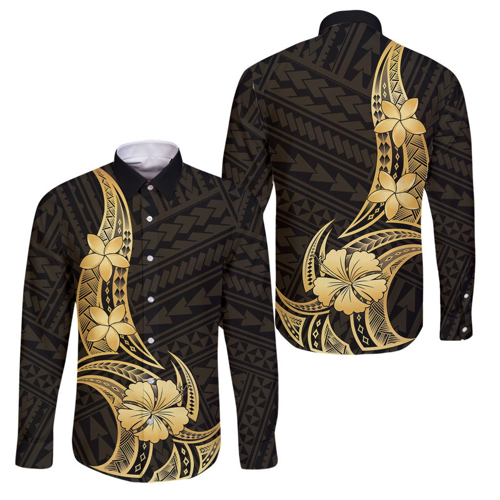 Gold Black Polynesia Hibiscus Plumeria Tattoo Family Matching Long Sleeve Bodycon Dress and Hawaiian Shirt