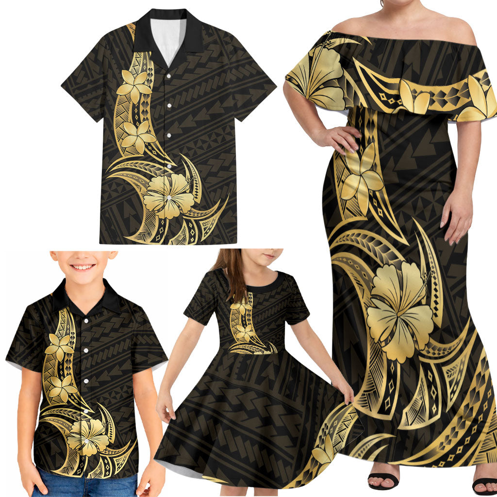 Gold Black Polynesia Hibiscus Plumeria Tattoo Family Matching Off Shoulder Maxi Dress and Hawaiian Shirt LT14 - Polynesian Pride