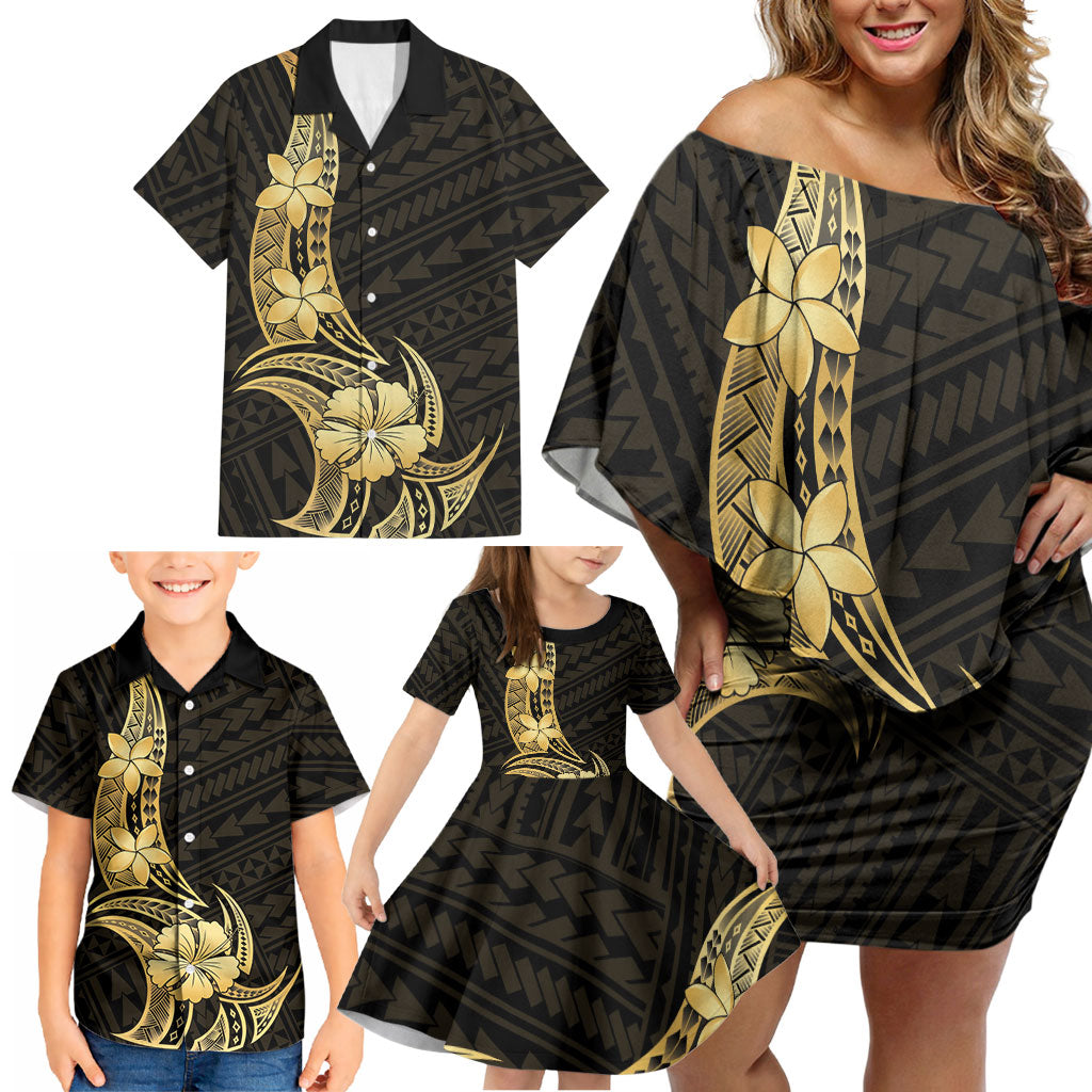 Gold Black Polynesia Hibiscus Plumeria Tattoo Family Matching Off Shoulder Short Dress and Hawaiian Shirt